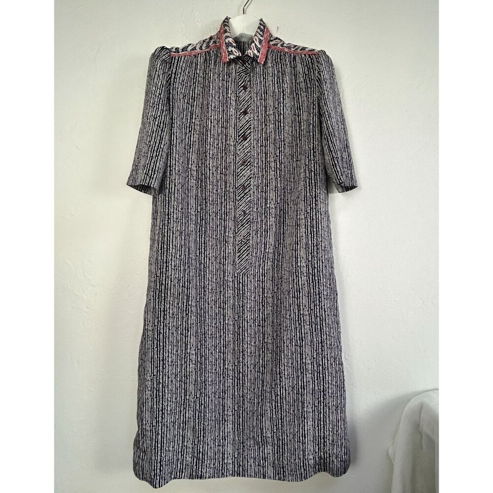 Vintage 80s Schrader Sport Womens Striped Midi Shirt Dress Size 16 Navy/White